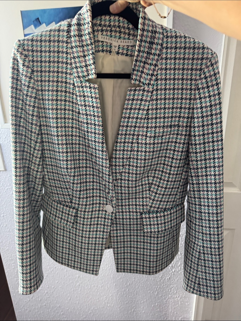 Veronica Beard Houndstooth Blazer in Mint, Black & Cream